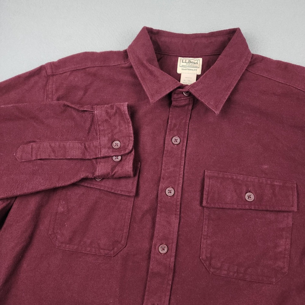 L.L. Bean Shirt Mens XLT Big Tall Red Solid Long Sleeve Flannel Button Up Heavy